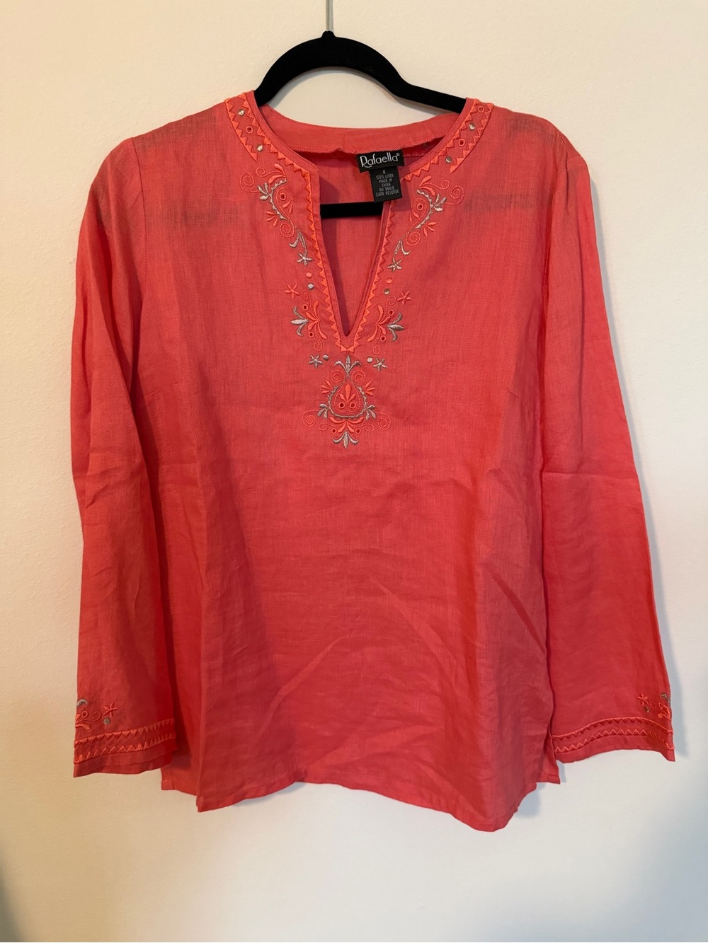 Rafaella Linen Coral Embroidered Long-Sleeve Top